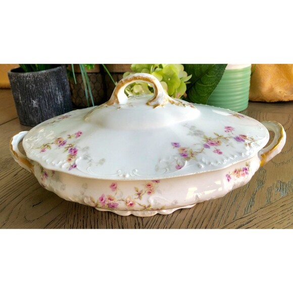 Antique Theodore Haviland Limoges Floral Oval Lidded Vegetable Server Gold Trim - Picture 8 of 8